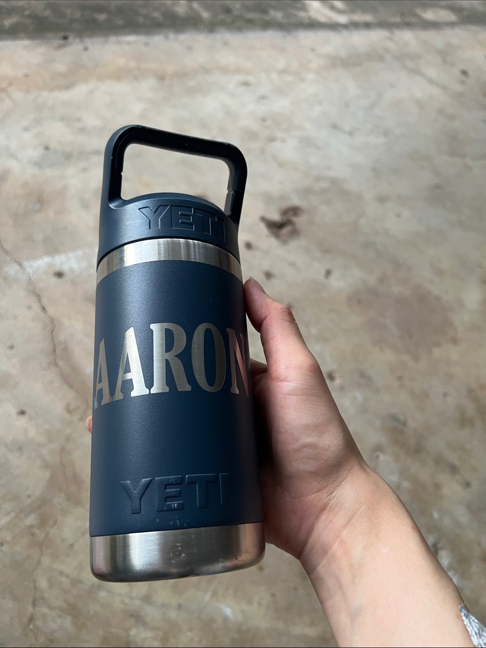 Yeti Navy Blue Stainless Bottle with Silver Accents - Personalized “Aaron”